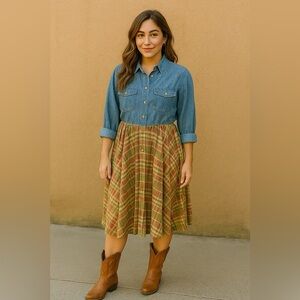 Vintage Denim & Plaid Prairie Dress | J.R.T. Size 14 | Western Cottagecore